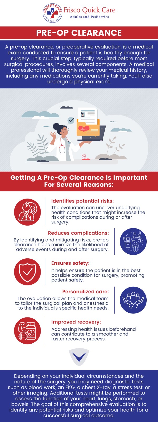 Common questions asked by patients: What is a pre-op physical exam? Why is a pre-op physical exam necessary? What does a pre-op physical exam include? How long does a pre-op physical exam take? At Frisco Quick Care, our medical team offers thorough pre-op physical exams to ensure you are medically ready for surgery. We provide detailed assessments to help reduce surgical risks and promote a safe procedure. Contact us today for more information or schedule an appointment online. We are conveniently located at 8845 Gary Burns Dr, Ste 180, Frisco, TX 75034. We serve patients from Frisco TX, Little Elm TX, Prosper TX, The Colony TX, McKinney TX, Hunters Glen, TX, and surrounding areas. Common questions asked by patients: What is a pre-op physical exam? Why is a pre-op physical exam necessary? What does a pre-op physical exam include? How long does a pre-op physical exam take?
At Frisco Quick Care, our medical team offers thorough pre-op physical exams to ensure you are medically ready for surgery. We provide detailed assessments to help reduce surgical risks and promote a safe procedure. Contact us today for more information or schedule an appointment online. We are conveniently located at 8845 Gary Burns Dr, Ste 180, Frisco, TX 75034. We serve patients from Frisco TX, Little Elm TX, Prosper TX, The Colony TX, McKinney TX, Hunters Glen, TX, and surrounding areas.