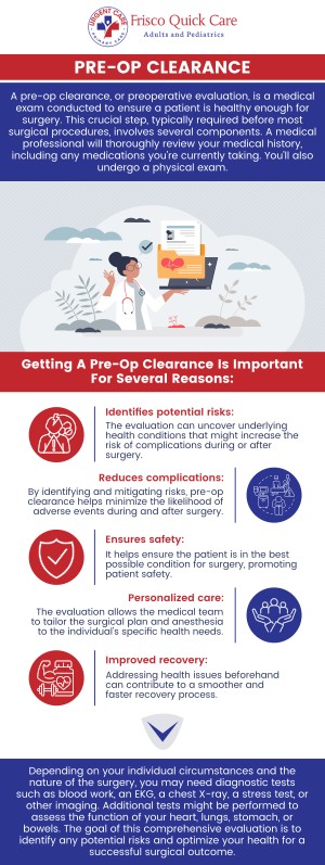 Common questions asked by patients: What is a pre-op physical exam? Why is a pre-op physical exam necessary? What does a pre-op physical exam include? How long does a pre-op physical exam take? At Frisco Quick Care, our medical team offers thorough pre-op physical exams to ensure you are medically ready for surgery. We provide detailed assessments to help reduce surgical risks and promote a safe procedure. Contact us today for more information or schedule an appointment online. We are conveniently located at 8845 Gary Burns Dr, Ste 180, Frisco, TX 75034. We serve patients from Frisco TX, Little Elm TX, Prosper TX, The Colony TX, McKinney TX, Hunters Glen, TX, and surrounding areas. Common questions asked by patients: What is a pre-op physical exam? Why is a pre-op physical exam necessary? What does a pre-op physical exam include? How long does a pre-op physical exam take?
At Frisco Quick Care, our medical team offers thorough pre-op physical exams to ensure you are medically ready for surgery. We provide detailed assessments to help reduce surgical risks and promote a safe procedure. Contact us today for more information or schedule an appointment online. We are conveniently located at 8845 Gary Burns Dr, Ste 180, Frisco, TX 75034. We serve patients from Frisco TX, Little Elm TX, Prosper TX, The Colony TX, McKinney TX, Hunters Glen, TX, and surrounding areas.