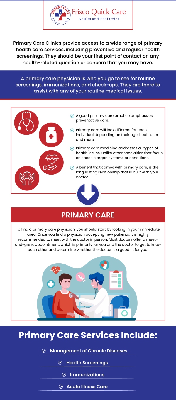 Primary care physicians are your first point of contact for managing overall health and wellness. They diagnose and treat a wide range of acute and chronic conditions while emphasizing preventive care. Regular visits help detect health issues early and maintain long-term well-being. At Frisco Quick Care, our team of experienced healthcare professionals provides compassionate, comprehensive primary care for patients of all ages. For more information, contact us or schedule an appointment online. We are conveniently located at 8845 Gary Burns Dr, Ste 180, Frisco, TX 75034.