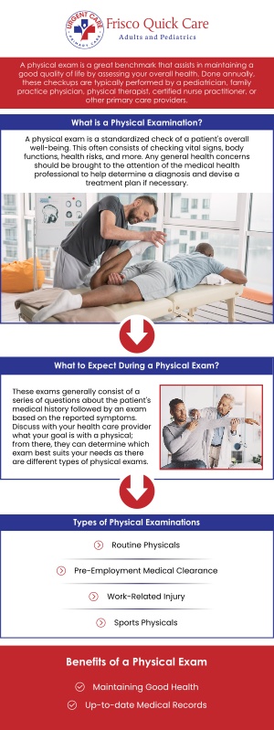 An annual physical exam is a routine checkup that helps monitor your overall health, identify potential issues early, and keep your medical records up to date. Typically, a standard annual physical exam ranges from $100 to $250. At Frisco Quick Care, our professional team provides annual physical exams at clear, competitive prices. We are committed to offering reliable, preventive healthcare services that meet the needs of individuals. For more information, contact us or schedule an appointment online. We are conveniently located at 8845 Gary Burns Dr, Ste 180, Frisco, TX 75034. An annual physical exam is a routine checkup that helps monitor your overall health, identify potential issues early, and keep your medical records up to date. Typically, a standard annual physical exam ranges from $100 to $250. At Frisco Quick Care, our professional team provides annual physical exams at clear, competitive prices. We are committed to offering reliable, preventive healthcare services that meet the needs of individuals. For more information, contact us or schedule an appointment online. We are conveniently located at 8845 Gary Burns Dr, Ste 180, Frisco, TX 75034.