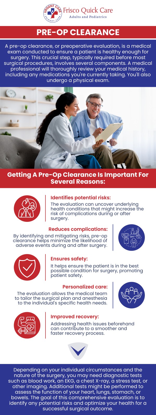 A pre-op physical exam is a crucial step in preparing for surgery. At Frisco Quick Care, we offer comprehensive evaluations to ensure you are in the best possible health before your procedure. Our medical professionals conduct a thorough exam to identify any health concerns that may affect your surgery. We prioritize your well-being, making the process as seamless and stress-free as possible. For more information, contact us or schedule an appointment online. We are conveniently located at 8845 Gary Burns Dr, Ste 180, Frisco, TX 75034. A pre-op physical exam is a crucial step in preparing for surgery. At Frisco Quick Care, we offer comprehensive evaluations to ensure you are in the best possible health before your procedure. Our medical professionals conduct a thorough exam to identify any health concerns that may affect your surgery. We prioritize your well-being, making the process as seamless and stress-free as possible. For more information, contact us or schedule an appointment online. We are conveniently located at 8845 Gary Burns Dr, Ste 180, Frisco, TX 75034.
