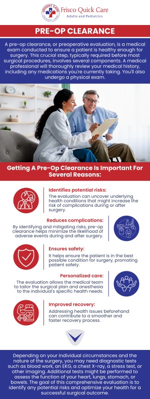 A pre-op physical exam is a crucial step in preparing for surgery. At Frisco Quick Care, we offer comprehensive evaluations to ensure you are in the best possible health before your procedure. Our medical professionals conduct a thorough exam to identify any health concerns that may affect your surgery. We prioritize your well-being, making the process as seamless and stress-free as possible. For more information, contact us or schedule an appointment online. We are conveniently located at 8845 Gary Burns Dr, Ste 180, Frisco, TX 75034. A pre-op physical exam is a crucial step in preparing for surgery. At Frisco Quick Care, we offer comprehensive evaluations to ensure you are in the best possible health before your procedure. Our medical professionals conduct a thorough exam to identify any health concerns that may affect your surgery. We prioritize your well-being, making the process as seamless and stress-free as possible. For more information, contact us or schedule an appointment online. We are conveniently located at 8845 Gary Burns Dr, Ste 180, Frisco, TX 75034.