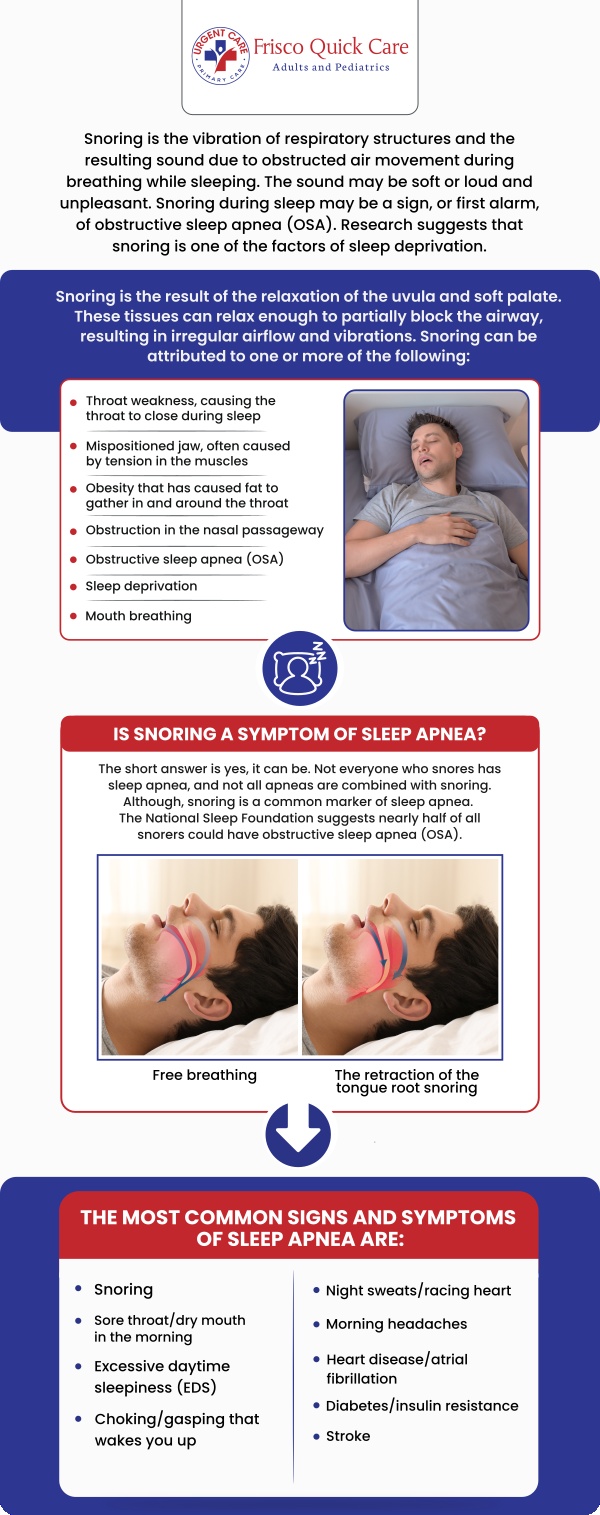 Snoring can often be a sign of underlying issues like sleep apnea, nasal congestion, or lifestyle factors, and it’s important to address these concerns early. At Frisco Quick Care, our professional team will work with you to identify the cause of your snoring and create a personalized treatment plan to help you breathe freely and sleep soundly. For more information, contact us or schedule an appointment online. We are conveniently located at 8845 Gary Burns Dr, Ste 180, Frisco, TX 75034. Snoring can often be a sign of underlying issues like sleep apnea, nasal congestion, or lifestyle factors, and it’s important to address these concerns early. At Frisco Quick Care, our professional team will work with you to identify the cause of your snoring and create a personalized treatment plan to help you breathe freely and sleep soundly. For more information, contact us or schedule an appointment online. We are conveniently located at 8845 Gary Burns Dr, Ste 180, Frisco, TX 75034.
