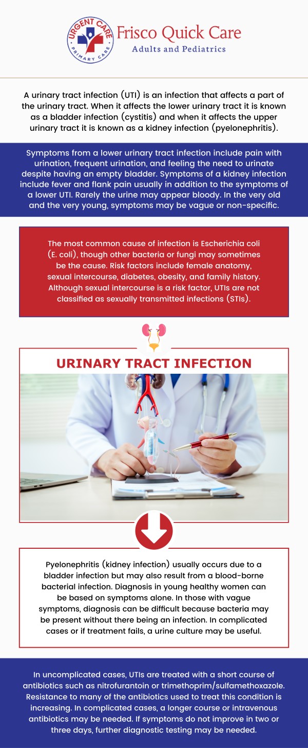 Urgent care plays an important role in evaluating and managing urinary tract infection (UTI) symptoms quickly and conveniently. At Frisco Quick Care, patients with symptoms such as frequent urination, burning during urination, pelvic discomfort, or cloudy urine can receive prompt assessment without long wait times. Dr. Jehangir W. Gowani, MD, FACP, FAAP, focuses on timely testing, symptom evaluation, and next-step guidance to help reduce discomfort and prevent complications. For more information, contact us today or schedule an appointment online. We are conveniently located at 8845 Gary Burns Dr, Ste 180, Frisco, TX 75034.