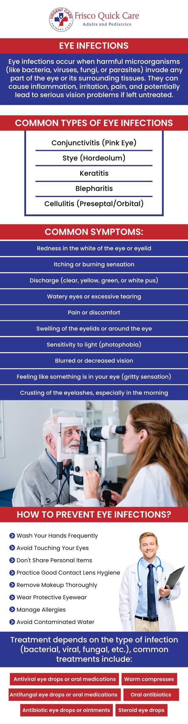 Eye infections can cause discomfort, redness, swelling, discharge, and irritation that may require timely evaluation and appropriate care. Effective treatment begins with understanding the symptoms, identifying potential causes, and developing a care approach based on each patient’s needs. At Frisco Quick Care, Dr. Jehangir W. Gowani provides convenient eye infection evaluations and treatment guidance for patients. For more information, contact us or schedule an appointment online. We are conveniently located at 8845 Gary Burns Dr, Ste 180, Frisco, TX 75034. Eye infections can cause discomfort, redness, swelling, discharge, and irritation that may require timely evaluation and appropriate care. Effective treatment begins with understanding the symptoms, identifying potential causes, and developing a care approach based on each patient’s needs. At Frisco Quick Care, Dr. Jehangir W. Gowani provides convenient eye infection evaluations and treatment guidance for patients. For more information, contact us or schedule an appointment online. We are conveniently located at 8845 Gary Burns Dr, Ste 180, Frisco, TX 75034.